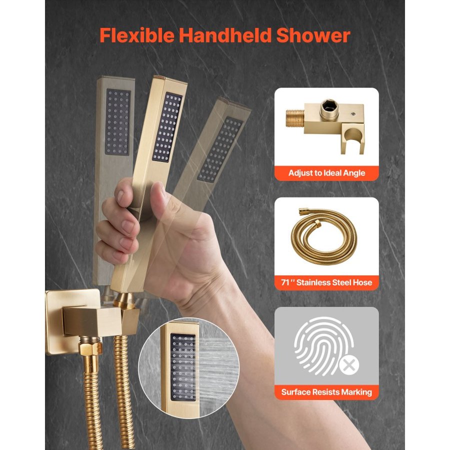 VEVOR Shower Faucet Set, Rainfall Bathroom Shower System with 12-Inch (30.5cm) Square Rain Shower Head and Handheld Spray, Wall Mounted Bath Fixtures with Brass Valve and Trim Kit, Brushed Gold