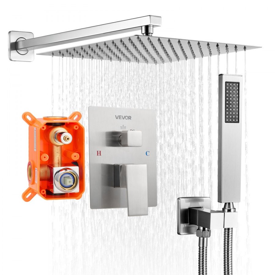 VEVOR Shower Faucet Set, Rainfall Bathroom Shower System with 12-Inch (30.5cm) Square Rain Shower Head and Handheld Spray, Wall Mounted Bath Fixtures with Brass Valve and Trim Kit, Brushed Nickel