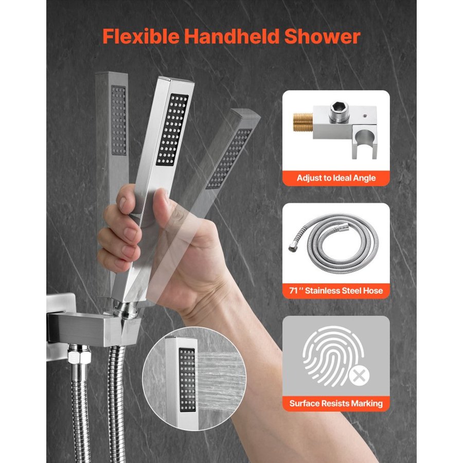 VEVOR Shower Faucet Set, Rainfall Bathroom Shower System with 12-Inch (30.5cm) Square Rain Shower Head and Handheld Spray, Wall Mounted Bath Fixtures with Brass Valve and Trim Kit, Brushed Nickel