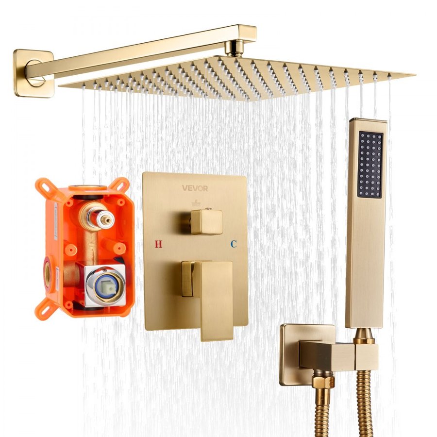 VEVOR Shower Faucet Set, Rainfall Bathroom Shower System with 10-Inch (25.4cm) Square Rain Shower Head and Handheld Spray, Wall Mounted Bath Fixtures with Brass Valve and Trim Kit, Brushed Gold