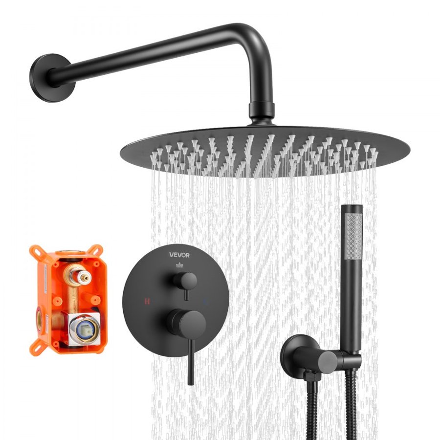 VEVOR Shower Faucet Set, Rainfall Bathroom Shower System with 10-Inch (25.4cm) Round Rain Shower Head and Handheld Spray, Wall Mounted Bath Fixtures with Brass Valve and Trim Kit, Matte Black