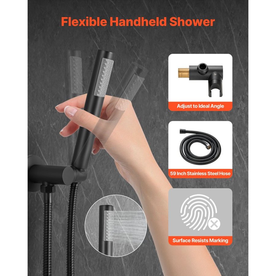 VEVOR Shower Faucet Set, Rainfall Bathroom Shower System with 10-Inch (25.4cm) Round Rain Shower Head and Handheld Spray, Wall Mounted Bath Fixtures with Brass Valve and Trim Kit, Matte Black