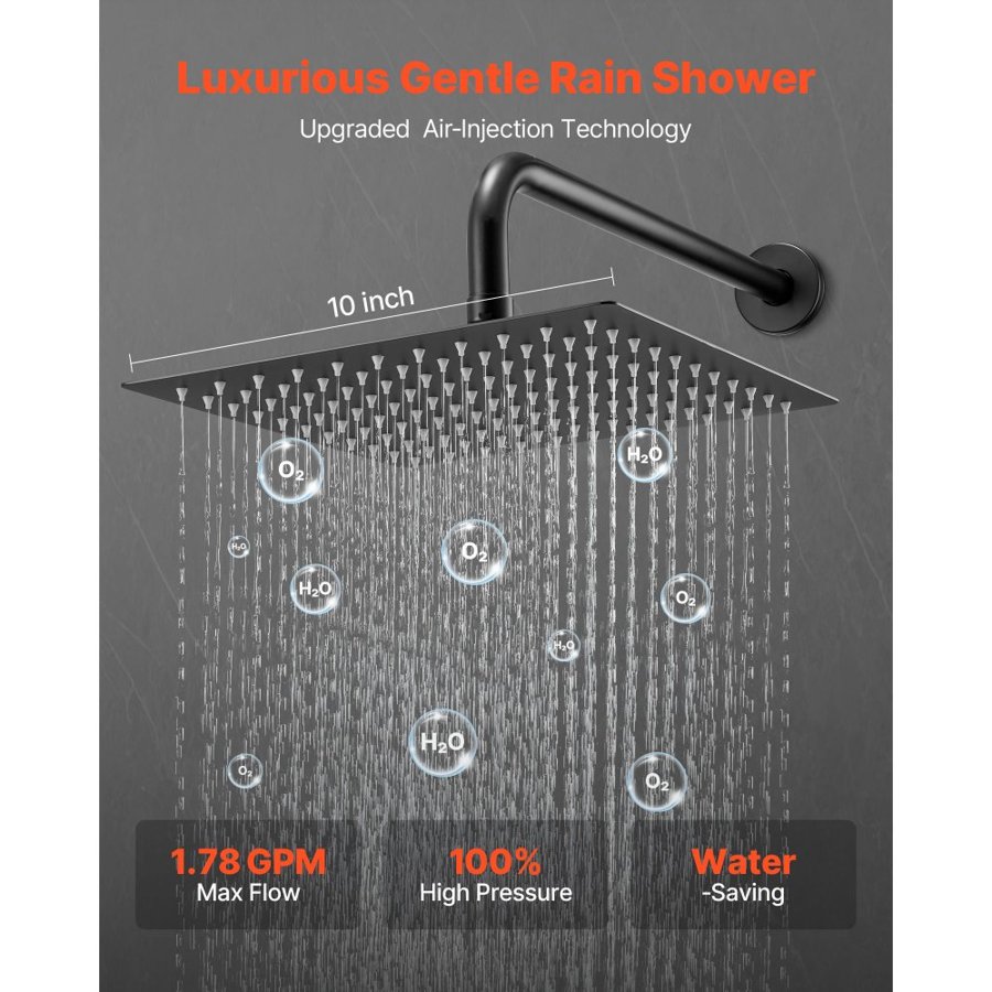 VEVOR Shower Faucet Set, Rainfall Bathroom Shower System with 10-Inch (25.4cm) Square Rain Shower Head and Handheld Spray, Wall Mounted Bath Fixtures with Brass Valve and Trim Kit, Matte Black
