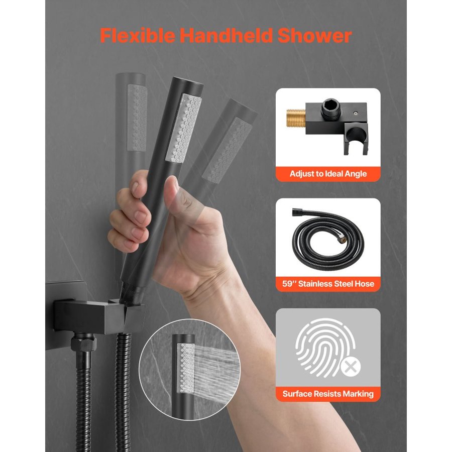 VEVOR Shower Faucet Set, Rainfall Bathroom Shower System with 10-Inch (25.4cm) Square Rain Shower Head and Handheld Spray, Wall Mounted Bath Fixtures with Brass Valve and Trim Kit, Matte Black