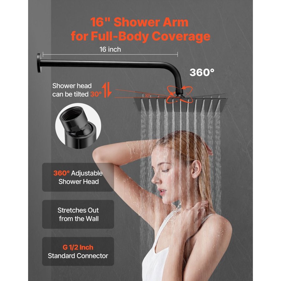 VEVOR Shower Faucet Set, Rainfall Bathroom Shower System with 10-Inch (25.4cm) Square Rain Shower Head and Handheld Spray, Wall Mounted Bath Fixtures with Brass Valve and Trim Kit, Matte Black