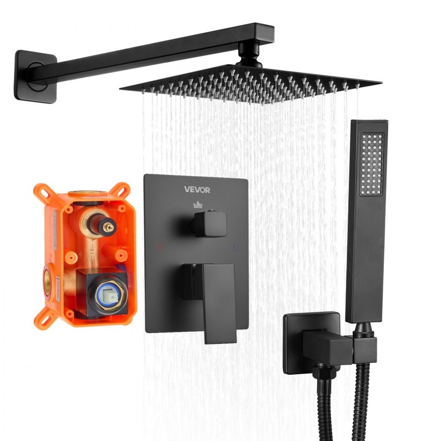 VEVOR Shower Faucet Set, Rainfall Bathroom Shower System with 8-Inch (20.3cm) Square Rain Shower Head and Handheld Spray, Wall Mounted Bath Fixtures with Brass Valve and Trim Kit, Matte Black