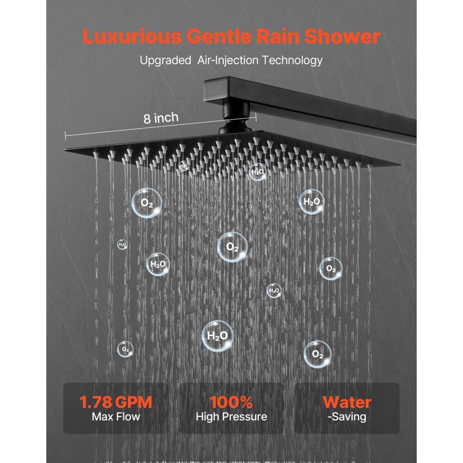 VEVOR Shower Faucet Set, Rainfall Bathroom Shower System with 8-Inch (20.3cm) Square Rain Shower Head and Handheld Spray, Wall Mounted Bath Fixtures with Brass Valve and Trim Kit, Matte Black