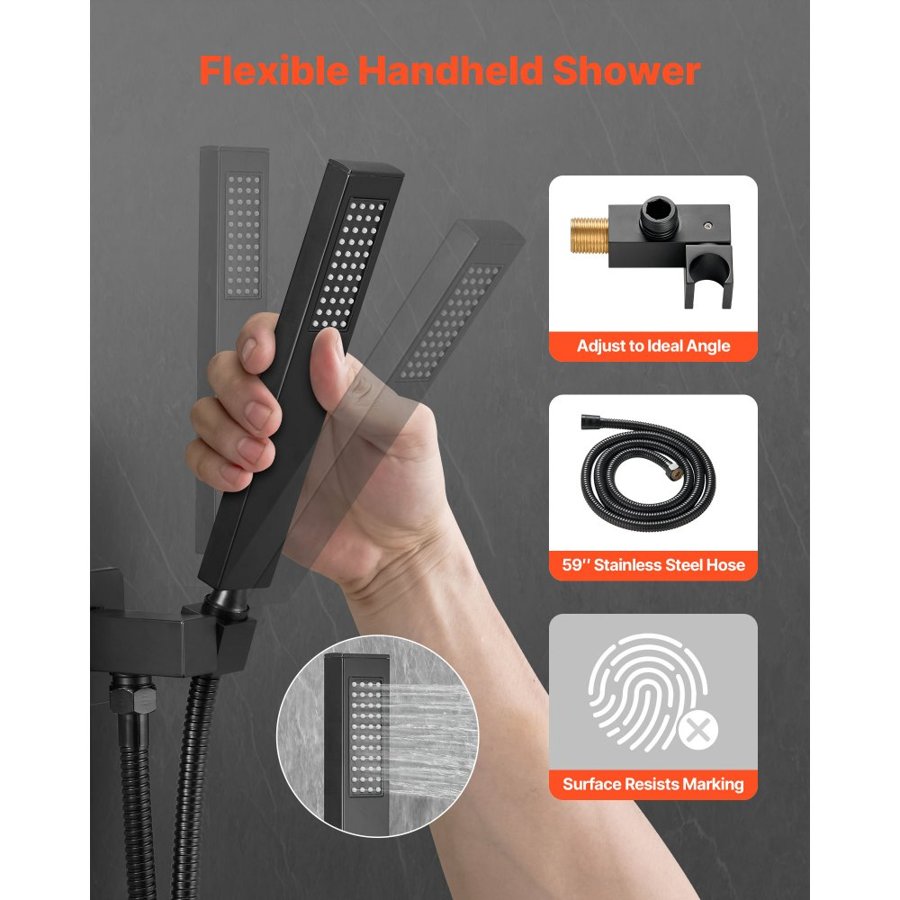 VEVOR Shower Faucet Set, Rainfall Bathroom Shower System with 8-Inch (20.3cm) Square Rain Shower Head and Handheld Spray, Wall Mounted Bath Fixtures with Brass Valve and Trim Kit, Matte Black