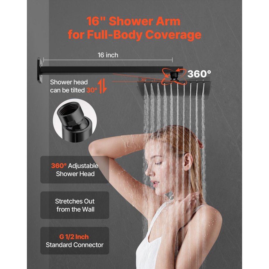 VEVOR Shower Faucet Set, Rainfall Bathroom Shower System with 8-Inch (20.3cm) Square Rain Shower Head and Handheld Spray, Wall Mounted Bath Fixtures with Brass Valve and Trim Kit, Matte Black