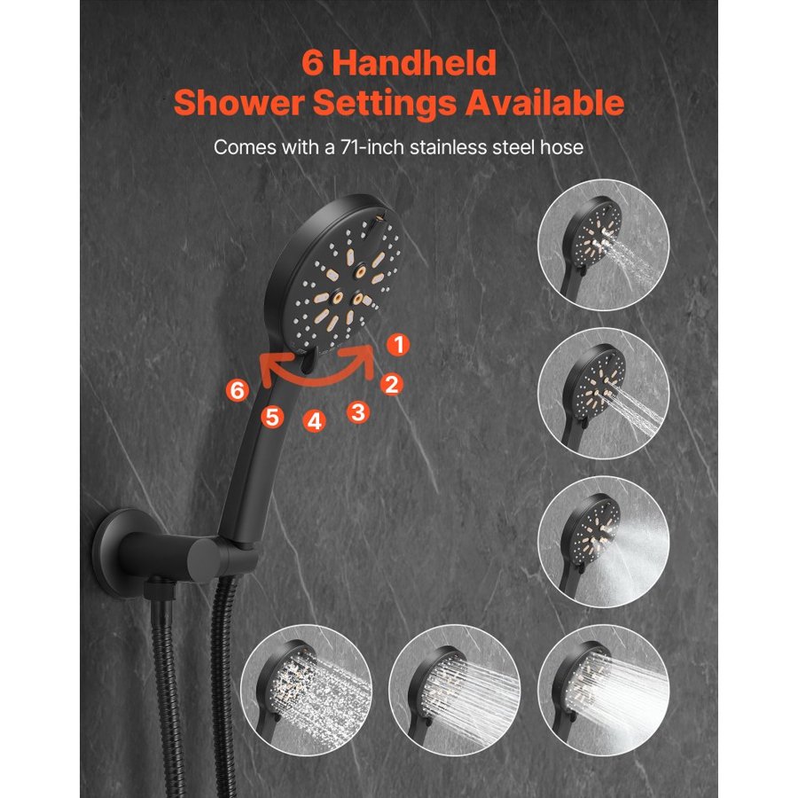 VEVOR Shower Faucet Set, Rainfall Bathroom Shower System with 12-Inch (30.5cm) Round Rain Shower Head and Handheld Spray, Wall Mounted Bath Fixtures with Brass Valve and Trim Kit, Matte Black