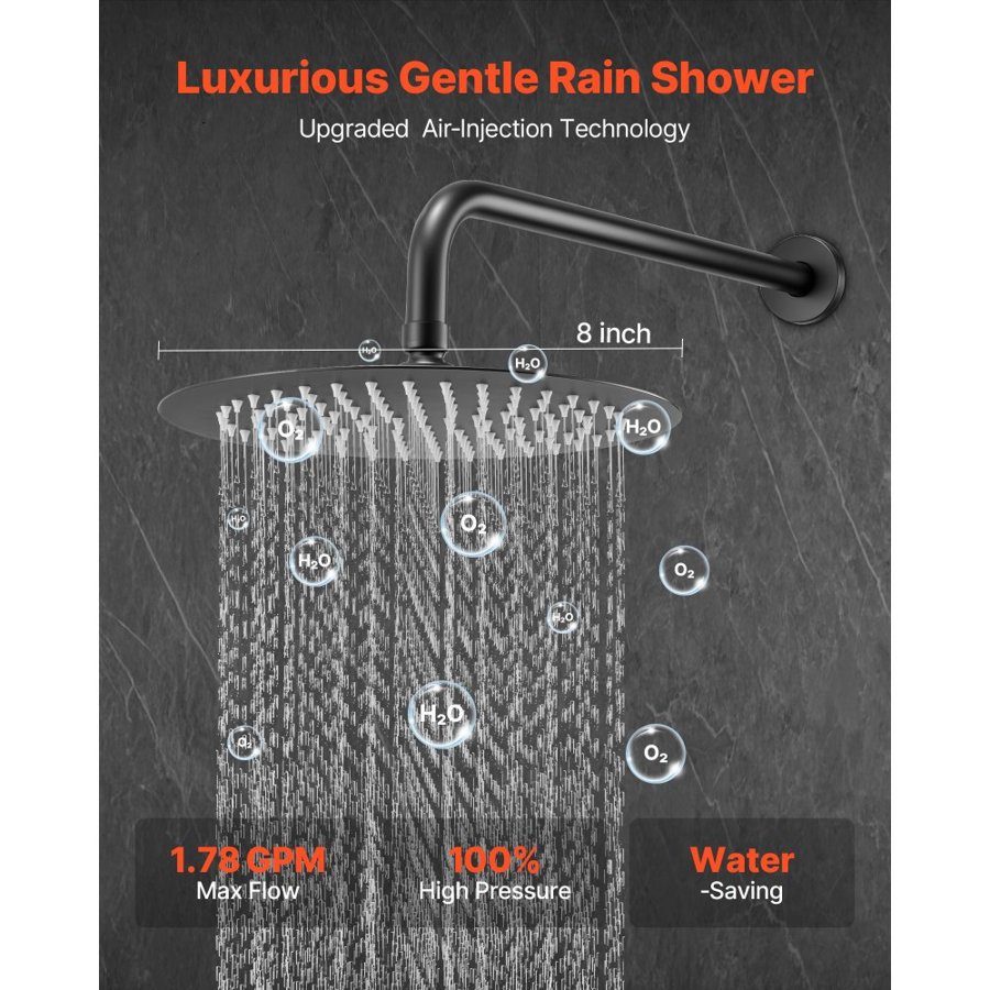 VEVOR Shower Faucet Set, Rainfall Bathroom Shower System with 8-Inch (20.3cm) Round Rain Shower Head and Handheld Spray, Wall Mounted Bath Fixtures with Brass Valve and Trim Kit, Matte Black
