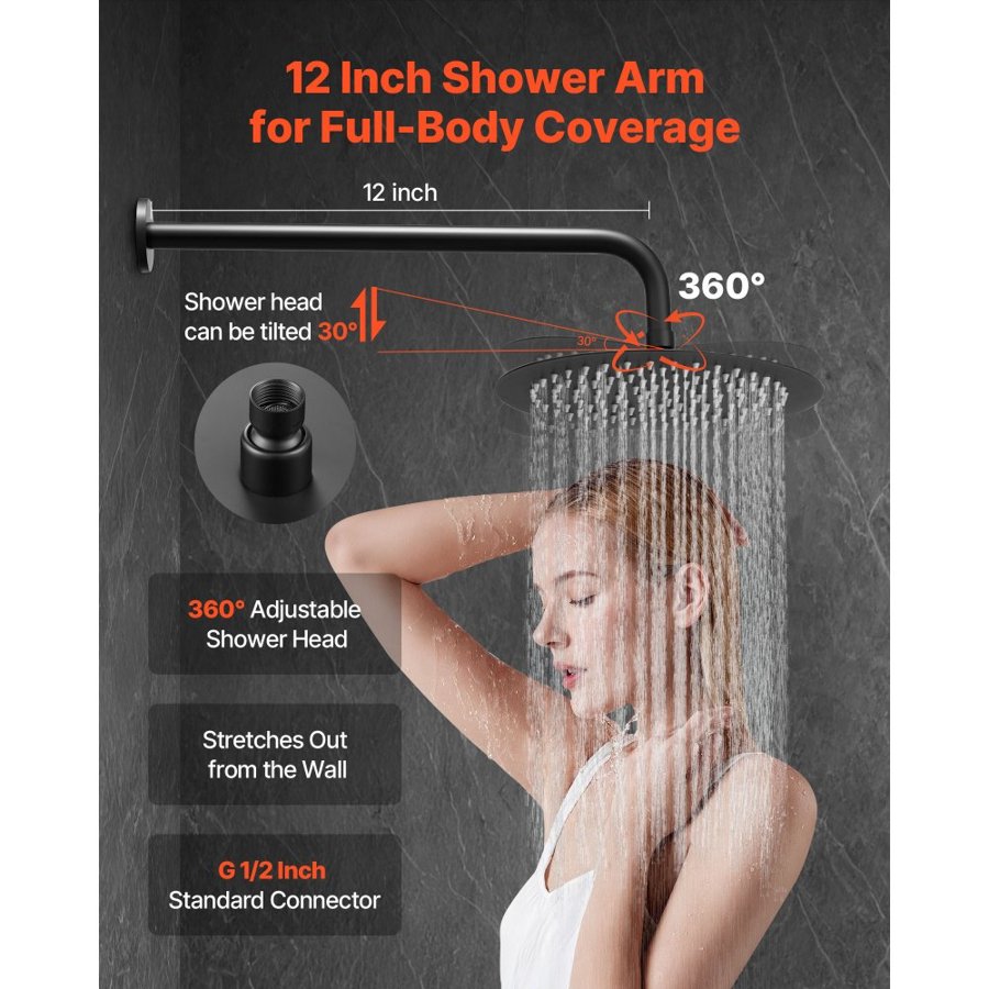 VEVOR Shower Faucet Set, Rainfall Bathroom Shower System with 8-Inch (20.3cm) Round Rain Shower Head and Handheld Spray, Wall Mounted Bath Fixtures with Brass Valve and Trim Kit, Matte Black