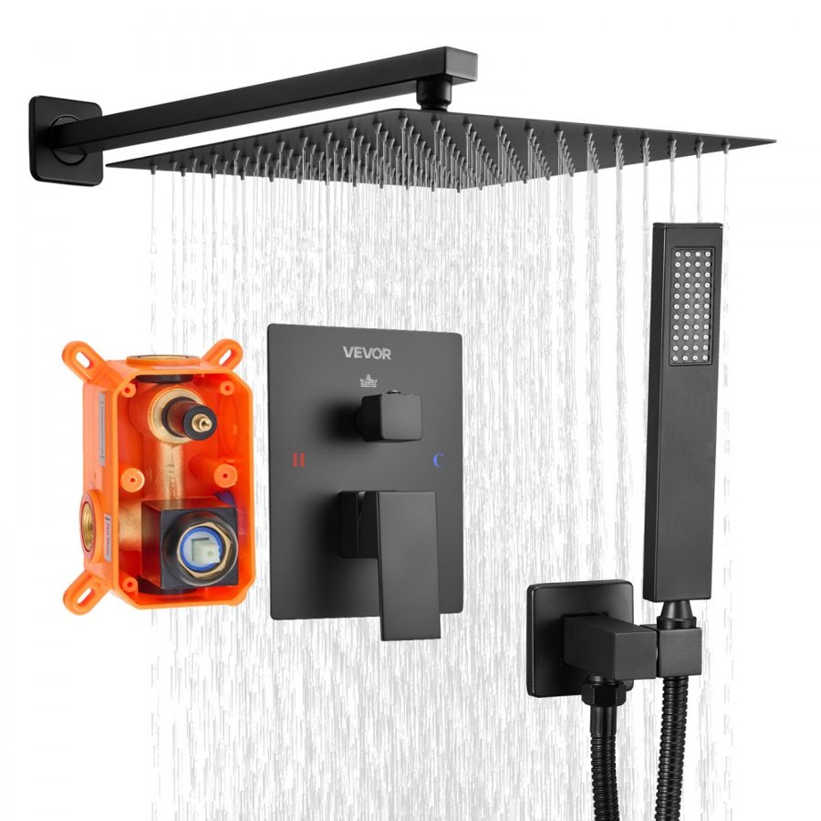 VEVOR Shower Faucet Set, Rainfall Bathroom Shower System with 12-Inch (30.5cm) Square Rain Shower Head and Handheld Spray, Wall Mounted Bath Fixtures with Brass Valve and Trim Kit, Matte Black