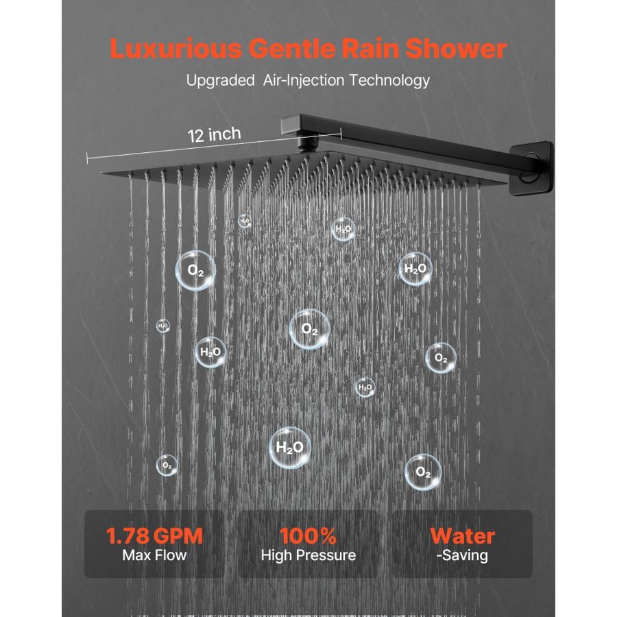 VEVOR Shower Faucet Set, Rainfall Bathroom Shower System with 12-Inch (30.5cm) Square Rain Shower Head and Handheld Spray, Wall Mounted Bath Fixtures with Brass Valve and Trim Kit, Matte Black