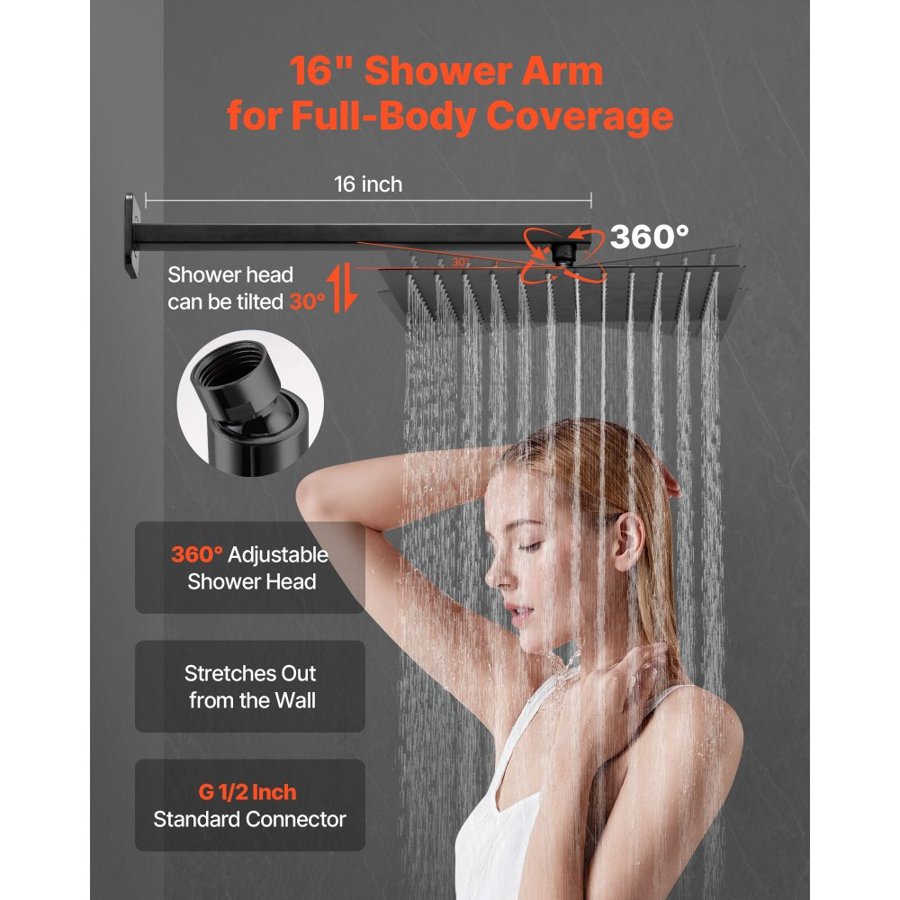 VEVOR Shower Faucet Set, Rainfall Bathroom Shower System with 12-Inch (30.5cm) Square Rain Shower Head and Handheld Spray, Wall Mounted Bath Fixtures with Brass Valve and Trim Kit, Matte Black