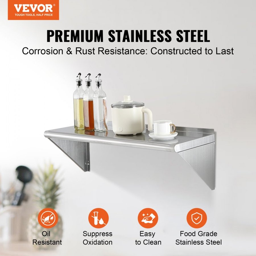 VEVOR 30.5 x 91.4 cm Stainless Steel Shelf, Wall Mounted Floating Shelving with Brackets, 113.4 kg Load Capacity Commercial Shelves, Heavy Duty Storage Rack for Restaurant, Kitchen, Bar, Home, and Hotel