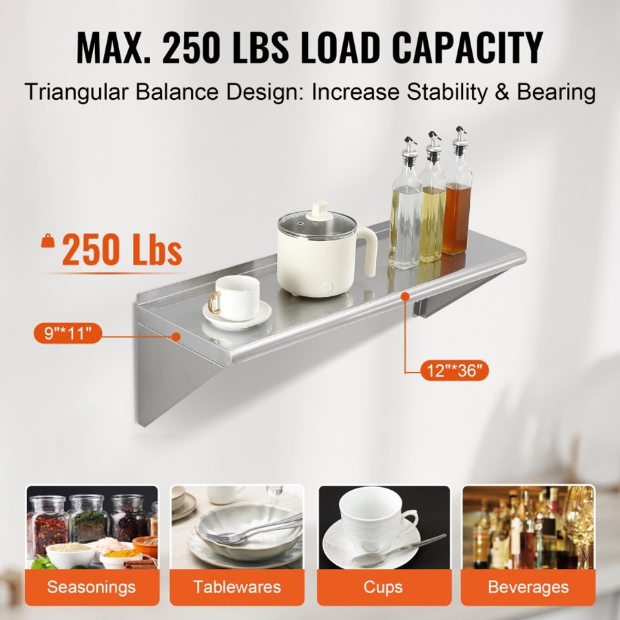 VEVOR 30.5 x 91.4 cm Stainless Steel Shelf, Wall Mounted Floating Shelving with Brackets, 113.4 kg Load Capacity Commercial Shelves, Heavy Duty Storage Rack for Restaurant, Kitchen, Bar, Home, and Hotel