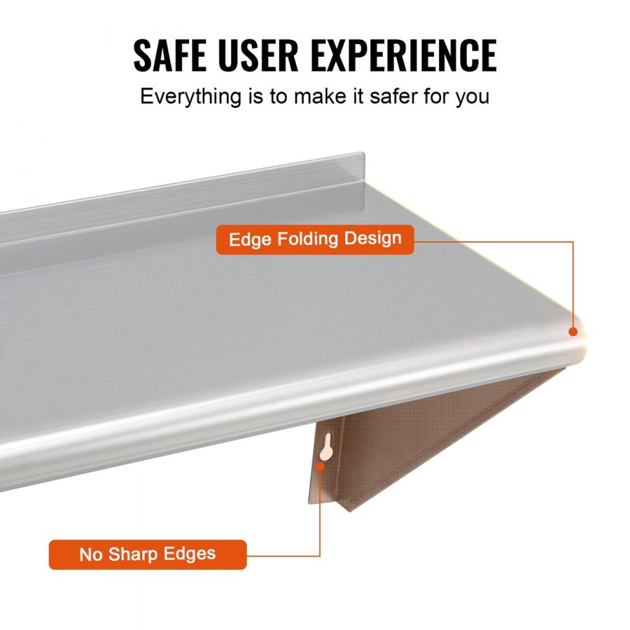 VEVOR 30.5 x 91.4 cm Stainless Steel Shelf, Wall Mounted Floating Shelving with Brackets, 113.4 kg Load Capacity Commercial Shelves, Heavy Duty Storage Rack for Restaurant, Kitchen, Bar, Home, and Hotel