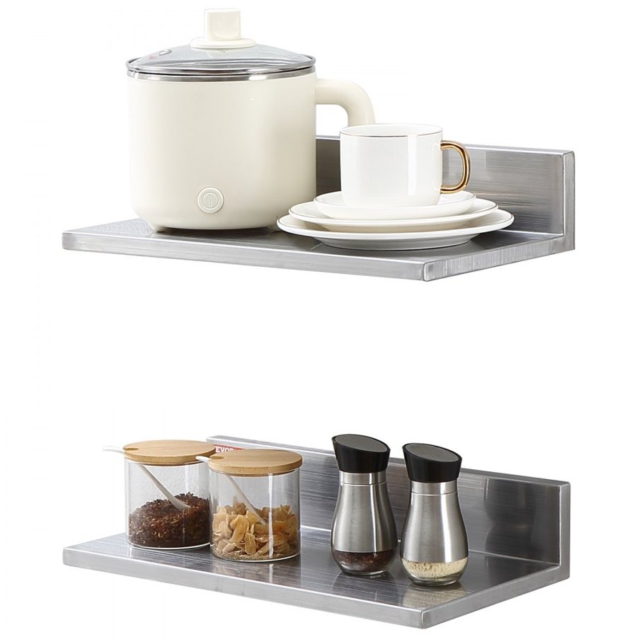 VEVOR 21.8 x 40.6 cm Stainless Steel Shelf, Wall Mounted Floating Shelving with Backsplash, 20 kg Load Capacity Commercial Shelves, Heavy Duty Storage Rack for Restaurant, Kitchen, Bar, Home, and Hotel