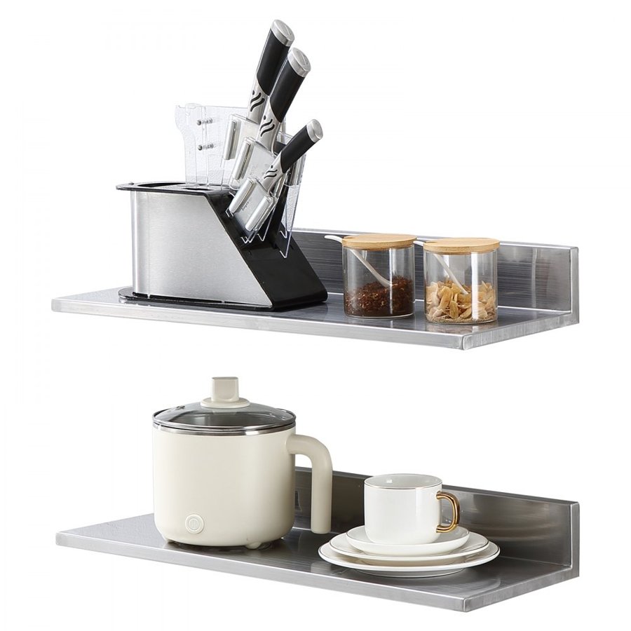 VEVOR 21.8 x 61 cm Stainless Steel Shelf, Wall Mounted Floating Shelving with Backsplash, 20 kg Load Capacity Commercial Shelves, Heavy Duty Storage Rack for Restaurant, Kitchen, Bar, Home, and Hotel