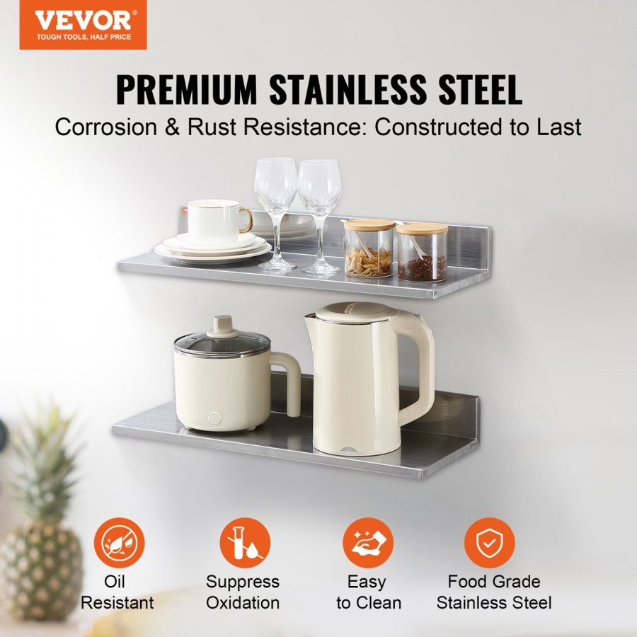 VEVOR 21.8 x 61 cm Stainless Steel Shelf, Wall Mounted Floating Shelving with Backsplash, 20 kg Load Capacity Commercial Shelves, Heavy Duty Storage Rack for Restaurant, Kitchen, Bar, Home, and Hotel