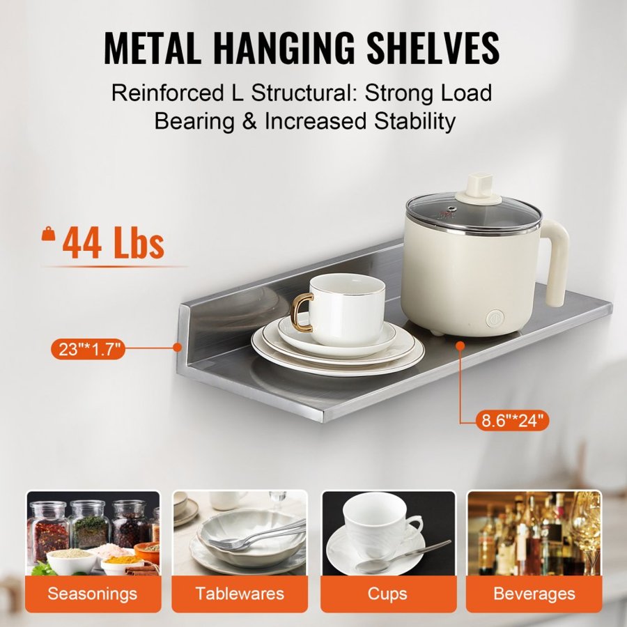 VEVOR 21.8 x 61 cm Stainless Steel Shelf, Wall Mounted Floating Shelving with Backsplash, 20 kg Load Capacity Commercial Shelves, Heavy Duty Storage Rack for Restaurant, Kitchen, Bar, Home, and Hotel