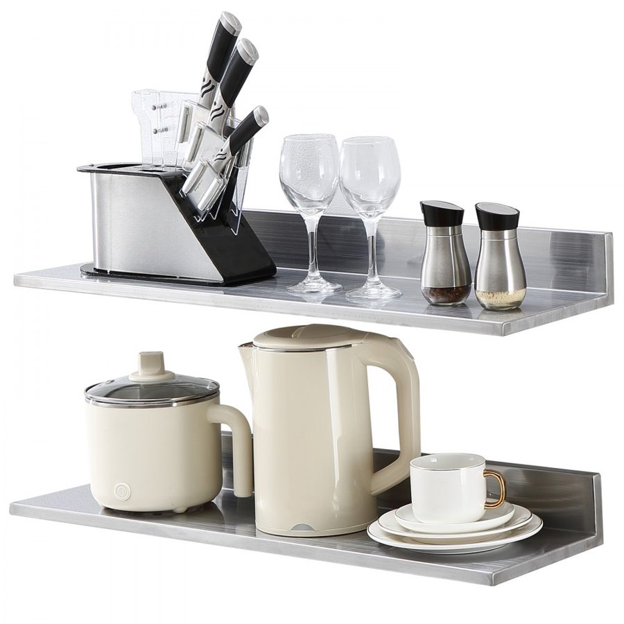 VEVOR 21.8 x 76.2 cm Stainless Steel Shelf, Wall Mounted Floating Shelving with Backsplash, 20 kg Load Capacity Commercial Shelves, Heavy Duty Storage Rack for Restaurant, Kitchen, Bar, Home, and Hotel