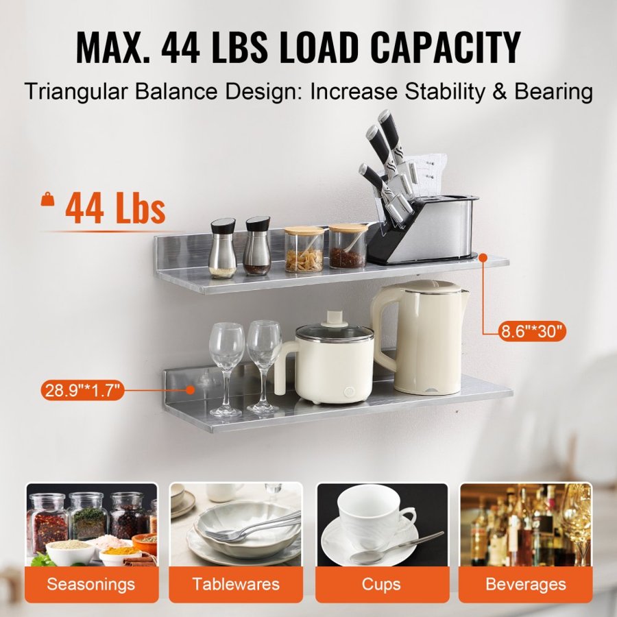 VEVOR 21.8 x 76.2 cm Stainless Steel Shelf, Wall Mounted Floating Shelving with Backsplash, 20 kg Load Capacity Commercial Shelves, Heavy Duty Storage Rack for Restaurant, Kitchen, Bar, Home, and Hotel
