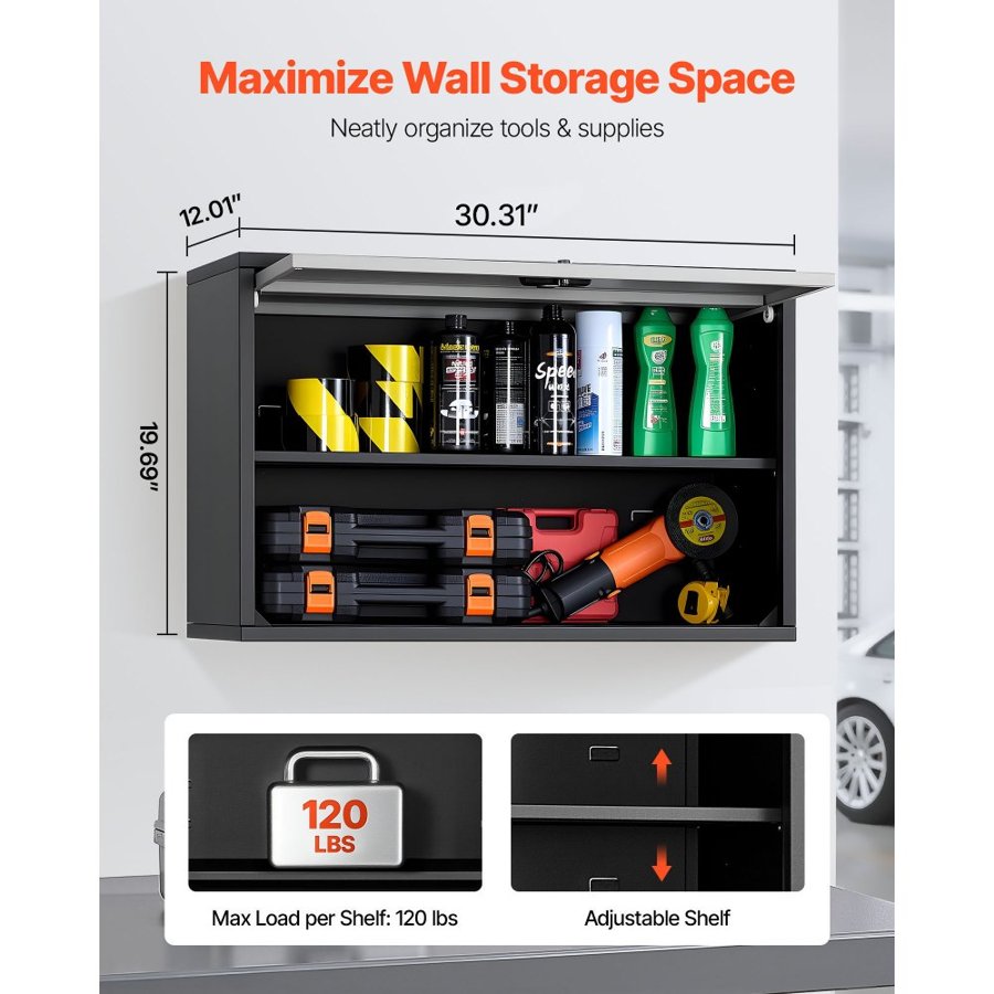 VEVOR Metal Wall Cabinet, 77W x 30.5D x 50H cm, Floating Garage Tool Cabinet with Up-Flip Door and Shelf, 108.9 kg Load Capacity, Fit for Garage, Basement, Kitchen, Warehouse Assembly Required