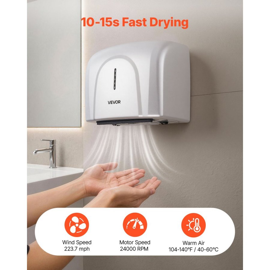VEVOR Hand Dryer, 1300W Bathroom Air Hand Dryer, Automatic High Speed with HEPA Filter, Fast Drying, Premium ABS Construction, AC220-240V Commercial Wall Mounted for Home Bathroom, Guest Room,Homestay