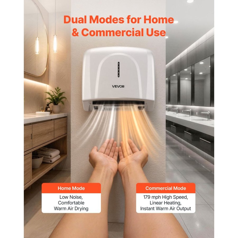 VEVOR Hand Dryer, 1300W Bathroom Air Hand Dryer, Automatic High Speed with HEPA Filter, Fast Drying, Premium ABS Construction, AC220-240V Commercial Wall Mounted for Home Bathroom, Guest Room,Homestay