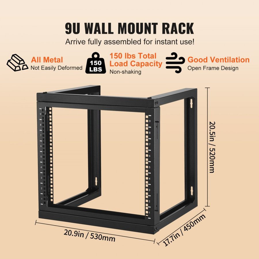 VEVOR 9U Wall Mount Rack 150 lbs/68.04 kg Open Frame Server Network Rack Black 530x450x520mm