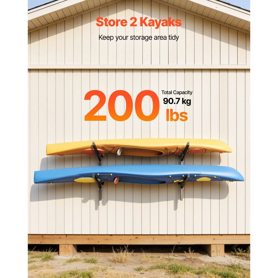 VEVOR Kayak Storage Rack for 2 Kayaks, Holds 90.7 kg, Heavy Duty Adjustable Wall Mount Stand for Indoor Outdoor Garage Shed Dock, Storage Holder for Canoe, Small Boat, SUP, Surfboard & Paddleboard