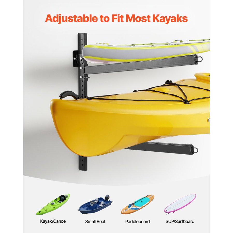 VEVOR Kayak Storage Rack for 2 Kayaks, Holds 90.7 kg, Heavy Duty Adjustable Wall Mount Stand for Indoor Outdoor Garage Shed Dock, Storage Holder for Canoe, Small Boat, SUP, Surfboard & Paddleboard