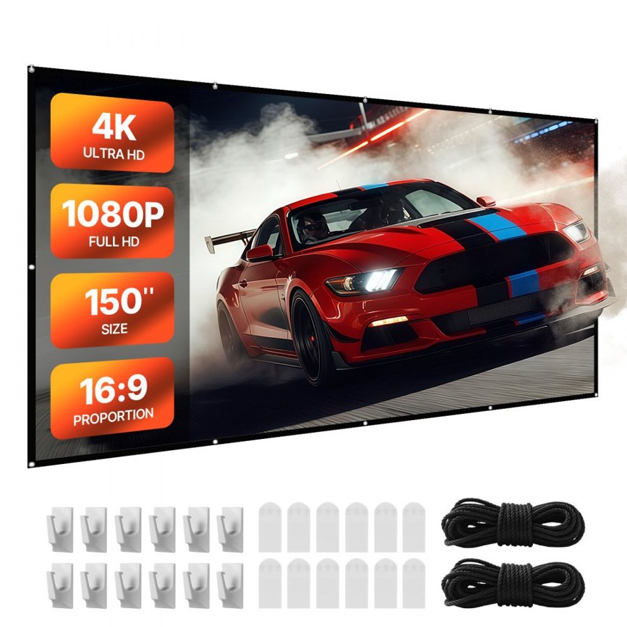 VEVOR Projector Screen, 3810 mm 16:9 4K 1080 HD Projection Screen, Wall Mounted Projection Dispaly Projector with 12 Hooks and Double-Sided Tapes, Portable Moive Canvas for Family Home Office Theater