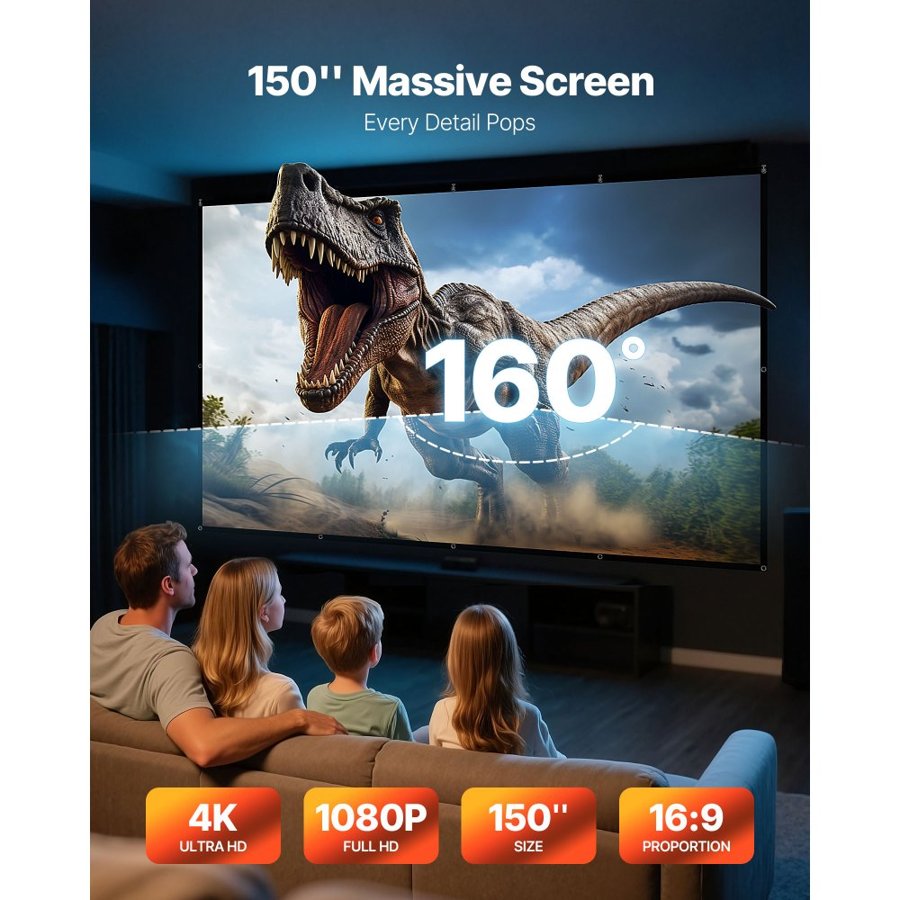 VEVOR Projector Screen, 3810 mm 16:9 4K 1080 HD Projection Screen, Wall Mounted Projection Dispaly Projector with 12 Hooks and Double-Sided Tapes, Portable Moive Canvas for Family Home Office Theater