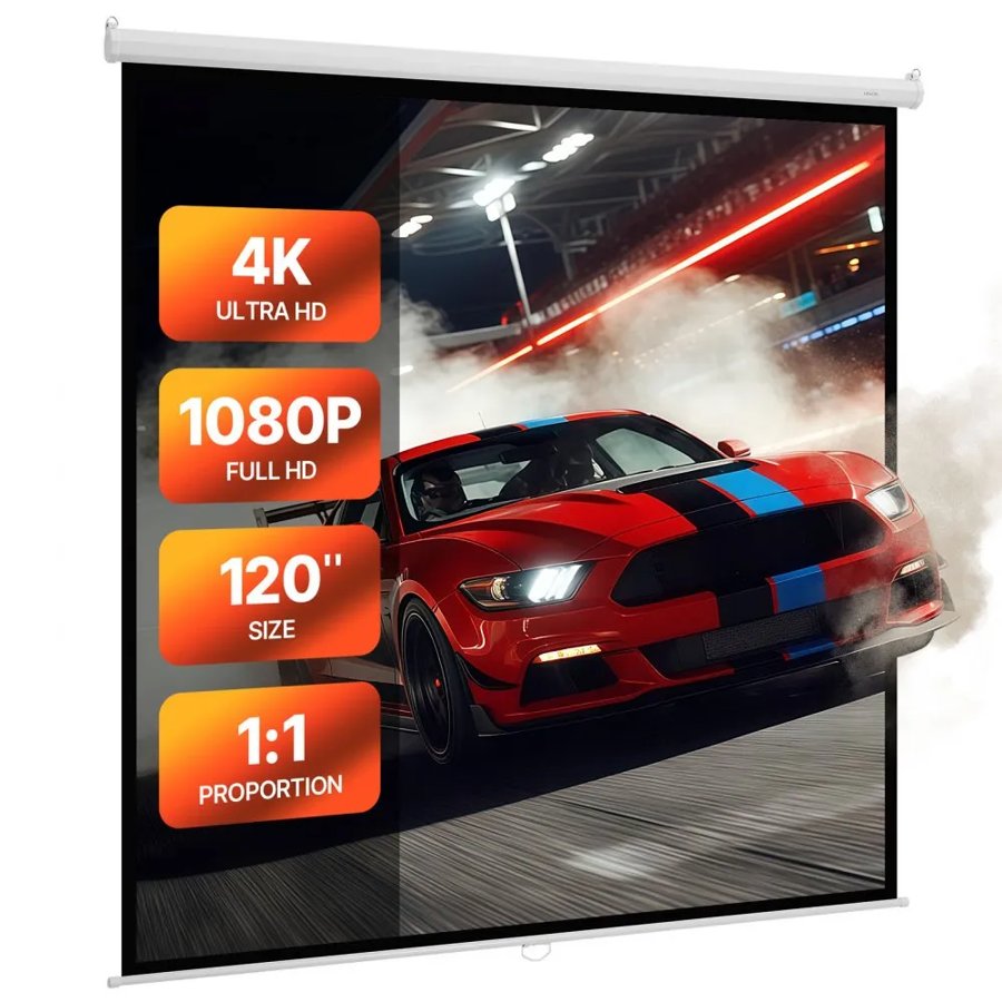 VEVOR Manual Projector Screen, 3048 mm 1:1 4K 1080 HD Retractable Pull Down Projector Screen, Wall Mounted Movie Projection with Pull Rope, Portable Display Projectoin for Family Home Office Theater