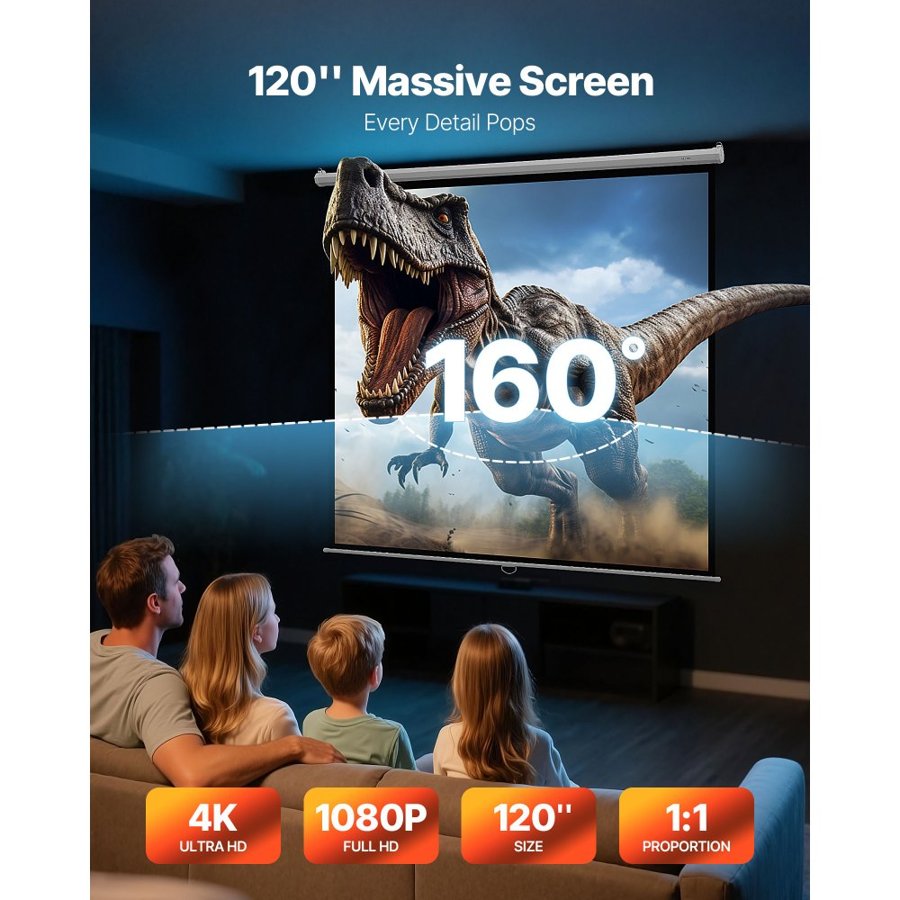 VEVOR Manual Projector Screen, 3048 mm 1:1 4K 1080 HD Retractable Pull Down Projector Screen, Wall Mounted Movie Projection with Pull Rope, Portable Display Projectoin for Family Home Office Theater