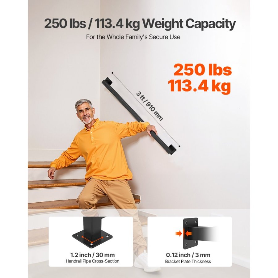 VEVOR Wall Mount Stair Handrail – 3 Ft, 2 Sections, 250 LBS
