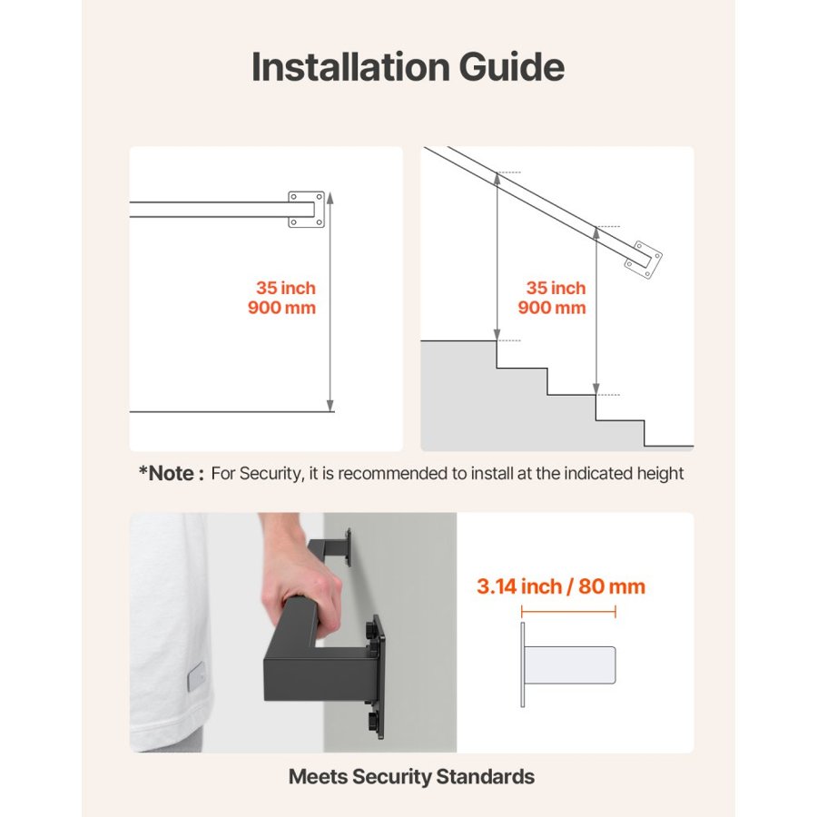 VEVOR Wall Mount Stair Handrail – 3 Ft, 2 Sections, 250 LBS