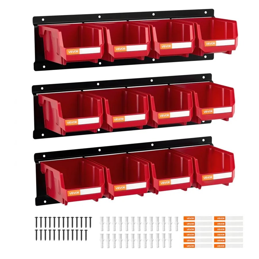 VEVOR Wall Mount Storage Bins – 12 Plastic Bins, 3 Rails