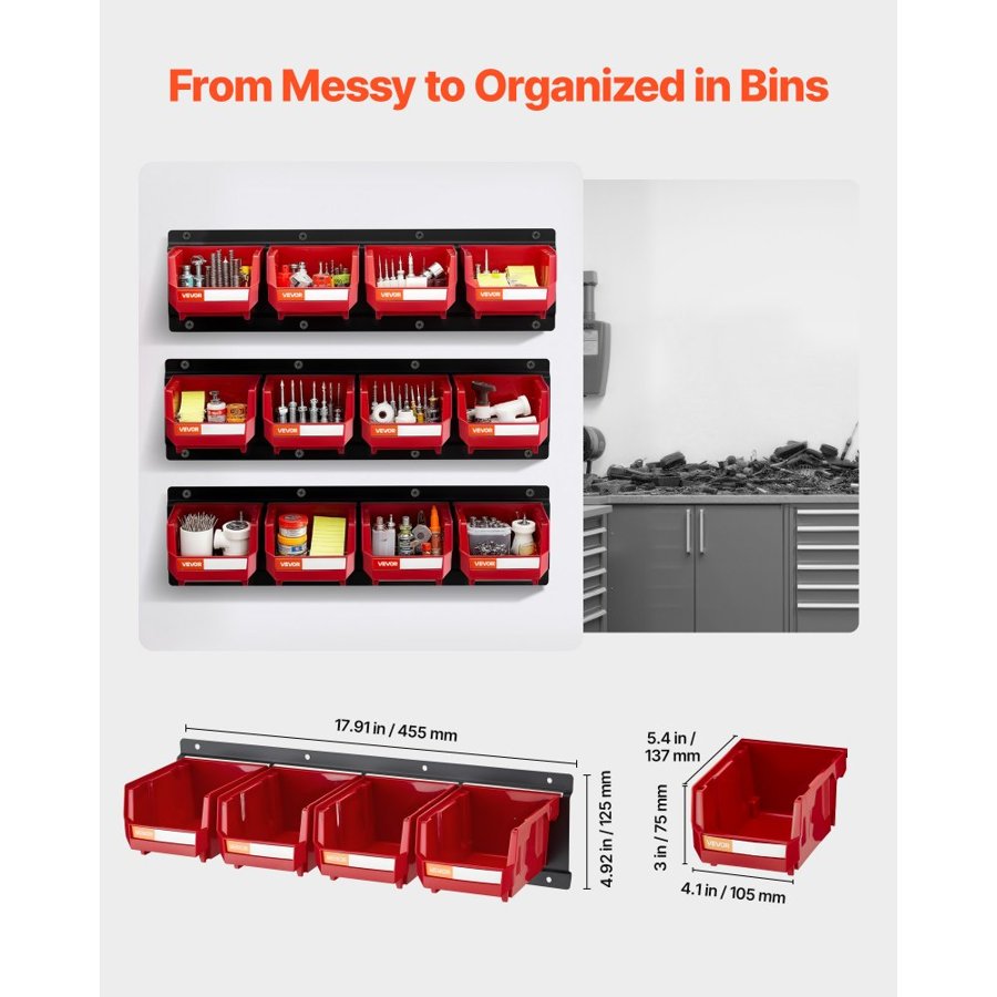VEVOR Wall Mount Storage Bins – 12 Plastic Bins, 3 Rails