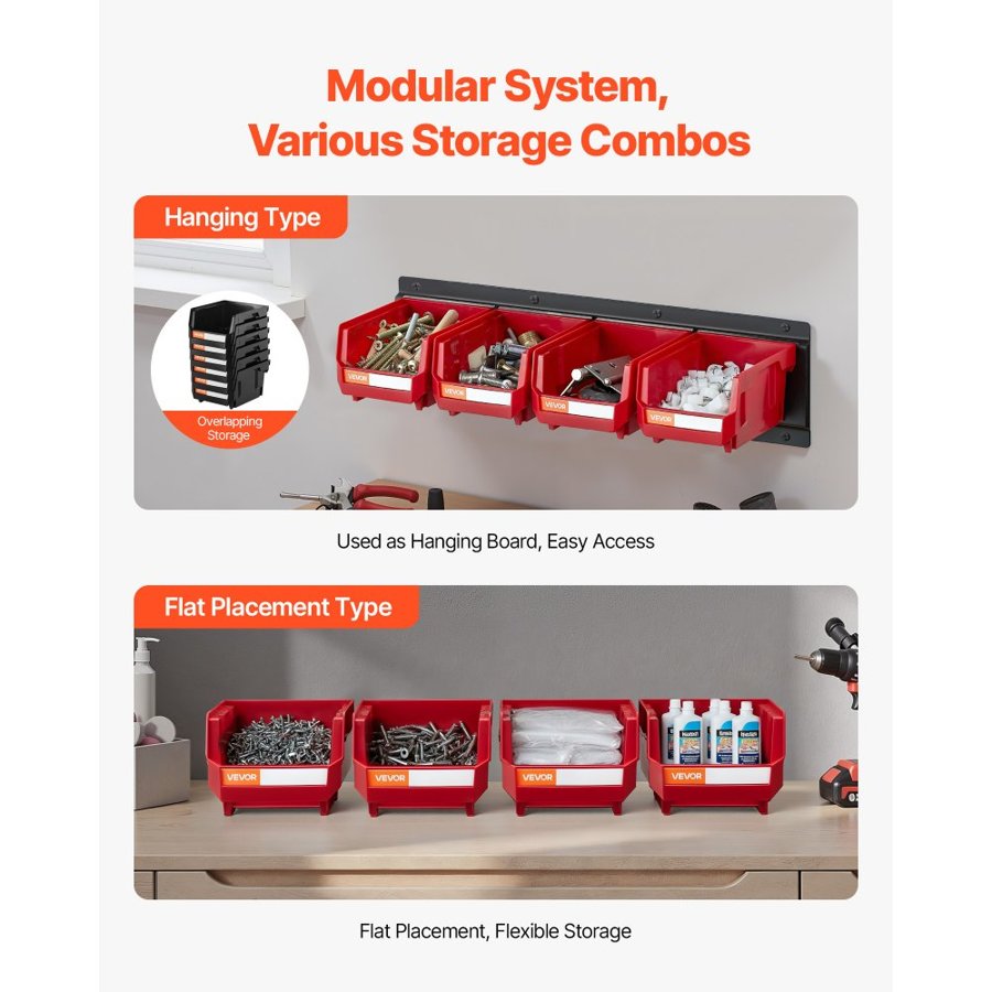 VEVOR Wall Mount Storage Bins – 12 Plastic Bins, 3 Rails