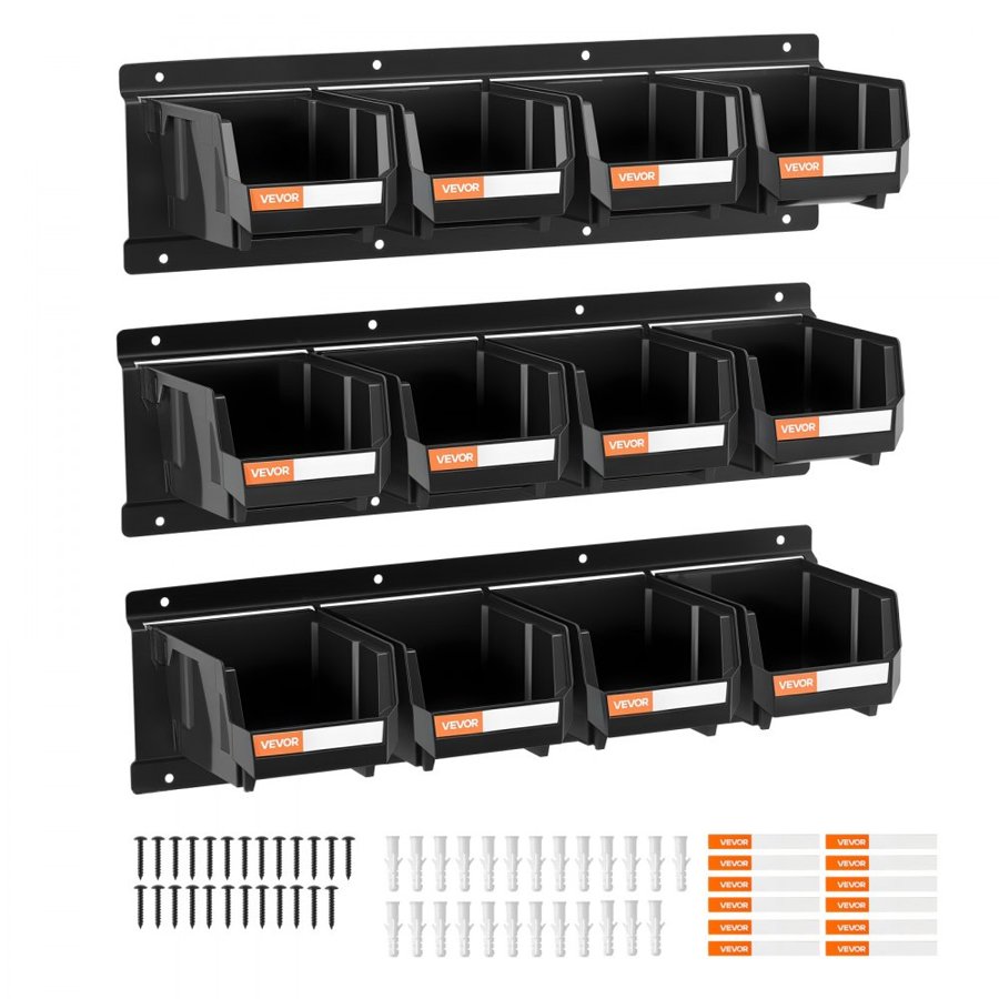 VEVOR Wall Mounted Storage Bins –  12 Set, 3 Metal Rails