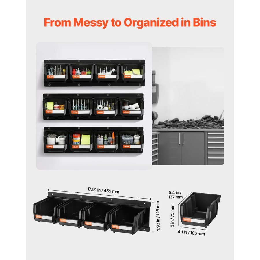 VEVOR Wall Mounted Storage Bins –  12 Set, 3 Metal Rails