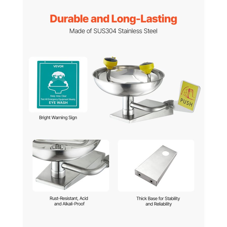 VEVOR Emergency Eye Wash Station, Stainless Steel Wall-Mounted Eyewash Unit, First Aid Eye Wash Sink 410x330x240 mm, Ideal for Laboratories, Factories, Schools, Construction Sites