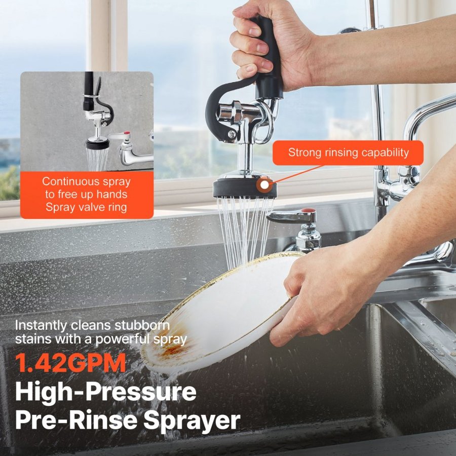 VEVOR Commercial Faucet with Pre-Rinse Sprayer, 25" (63.5 cm) Height, 8" (20.3 cm) Center, 12" (30.5 cm) Swing Spout, Wall Mount Kitchen Sink Faucet, Brass Constructed Device with Pull Down Spray, for 1/2/3 Compartment Sink