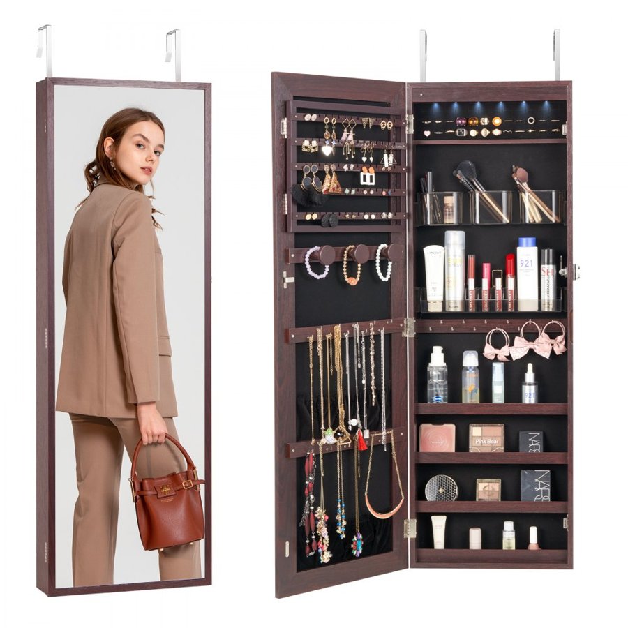VEVOR Mirror Jewelry Cabinet, 42.52-Inch Tall Lockable Jewelry Cabinet Armoire with Full-Length Mirror, Wall or Door Mounted Jewelry Mirror Organizer with LED Interior Lights and Velvet Lining, Brown