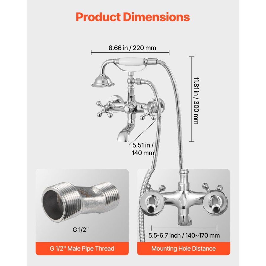 VEVOR Clawfoot Tub Faucet, Wall Mount Bathtub Faucets with Handheld Shower, Vintage Polished Chrome Clawfoot Tub Filler Faucet Shower Kit with Adjustable Swing Arms & 360° Rotation Spout for Bathtubs