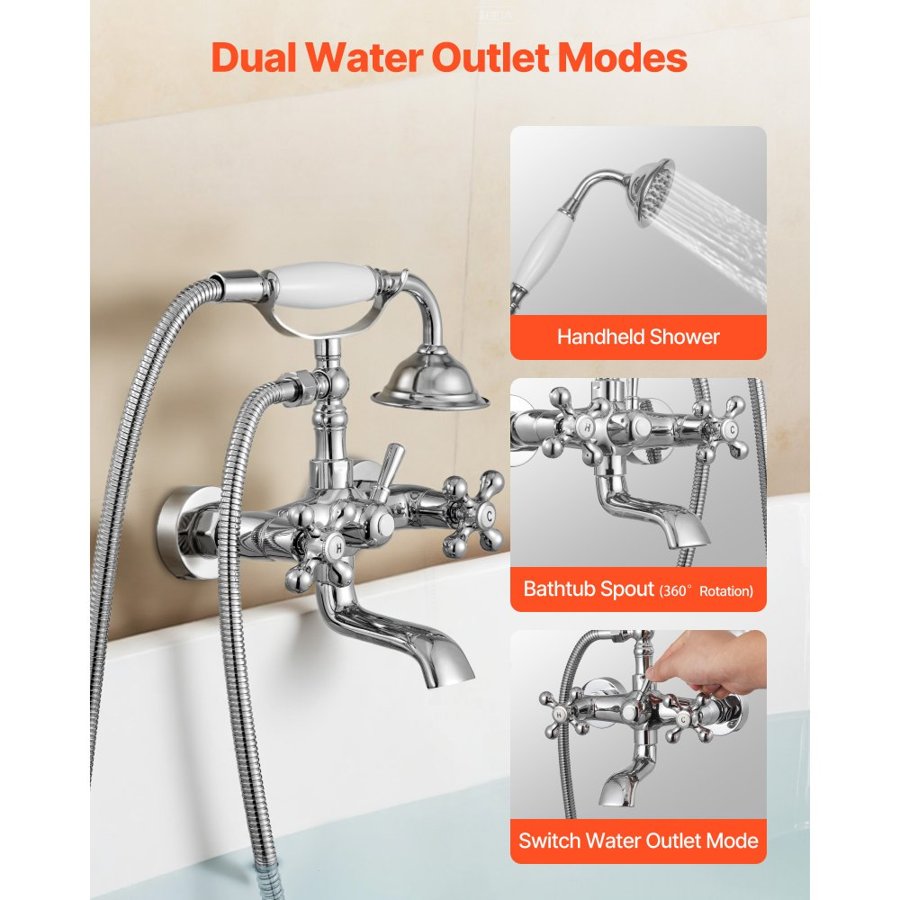 VEVOR Clawfoot Tub Faucet, Wall Mount Bathtub Faucets with Handheld Shower, Vintage Polished Chrome Clawfoot Tub Filler Faucet Shower Kit with Adjustable Swing Arms & 360° Rotation Spout for Bathtubs